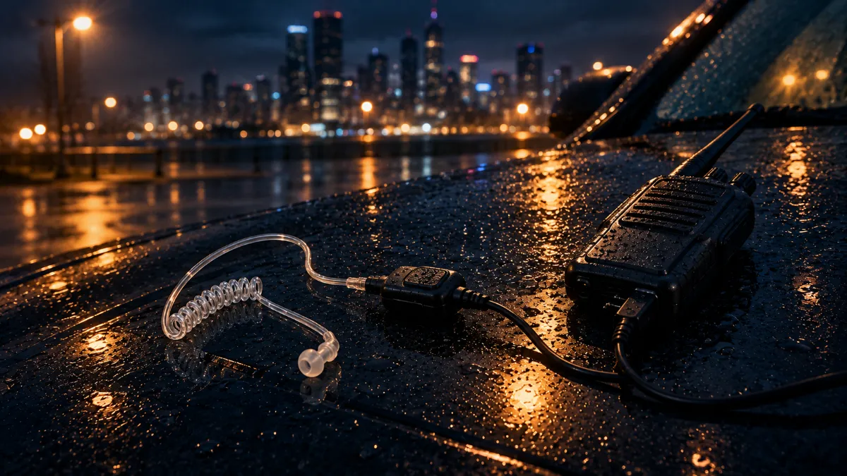 Illustration of a clear coiled acoustic tube earpiece with an inline push-to-talk microphone connected to a handheld two-way radio on a wet car hood at night.
