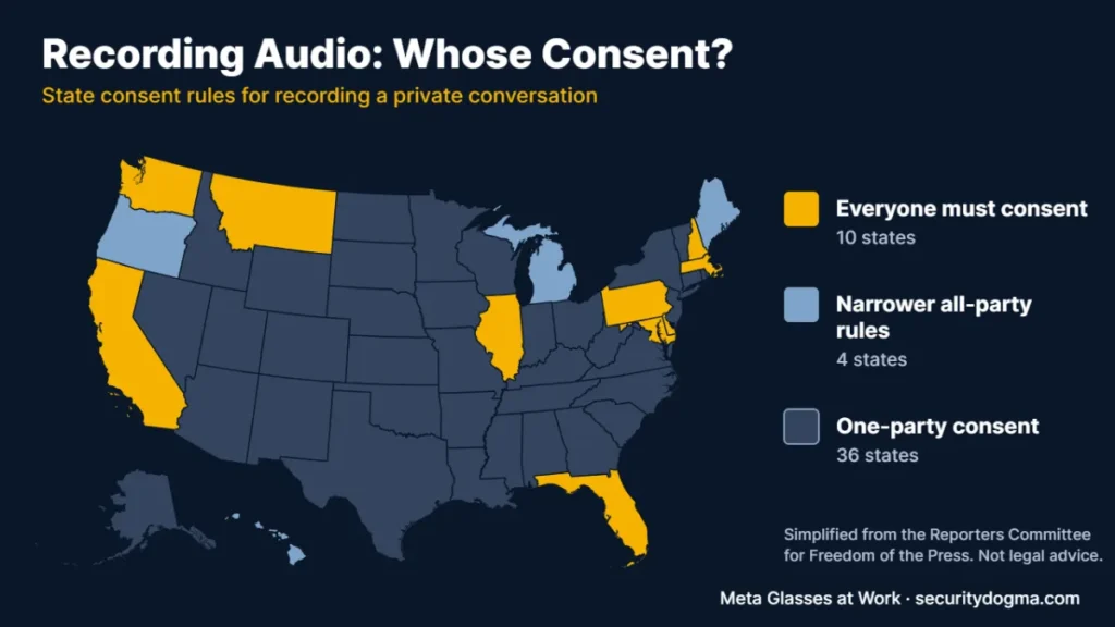 Map of audio recording consent laws by state. Everyone must consent in California, Delaware, Florida, Illinois, Maryland, Massachusetts, Montana, New Hampshire, Pennsylvania and Washington. Narrower all-party rules in Michigan, Oregon, Hawaii and Maine. One-party consent in the other 36 states