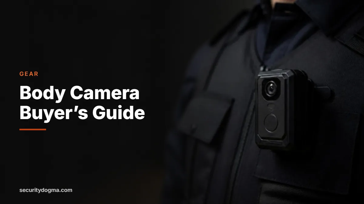 Security guard body camera mounted on a dark uniform vest