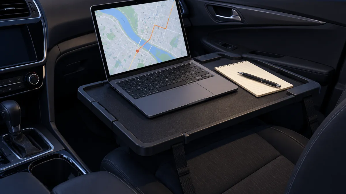 Illustration of a car desk strapped to a passenger seat, holding a laptop showing a map route, a notepad and a pen.
