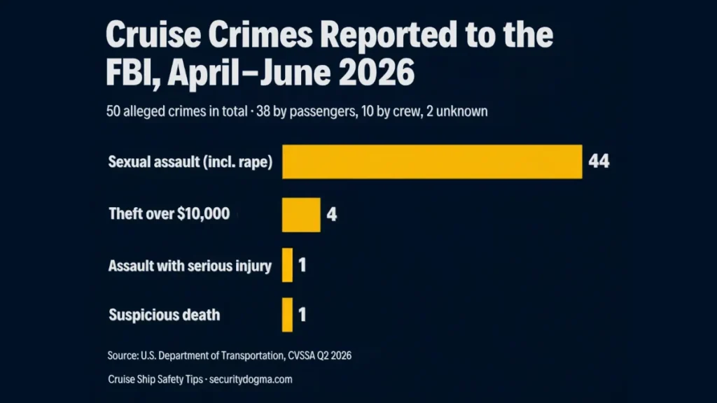 Bar chart of cruise crimes reported to the FBI from April to June 2026: 44 sexual assaults, 4 thefts over $10,000, 1 serious assault and 1 suspicious death
