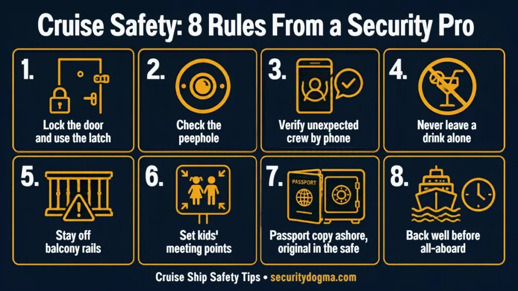 Eight cruise safety rules: lock the door, check the peephole, verify crew, guard your drink, stay off rails, set kids meeting points, passport copy ashore, be back early