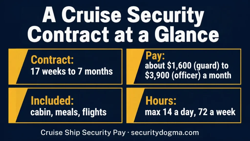 Cruise security contract at a glance: 17 weeks to 7 months, about $1,600 to $3,900 a month, cabin meals and flights included, maximum 14 hours a day