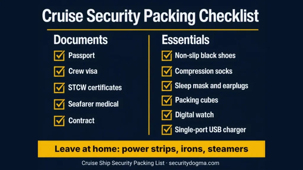 Cruise security packing checklist: passport, crew visa, STCW certificates, medical, non-slip shoes, compression socks, sleep mask, packing cubes, watch and USB charger