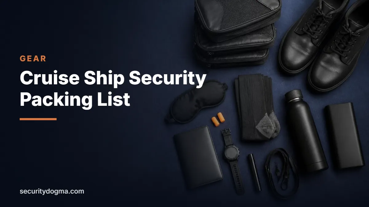 Flat lay of cruise crew essentials: black work shoes, packing cubes, sleep mask, earplugs, watch, pen light, water bottle and power bank