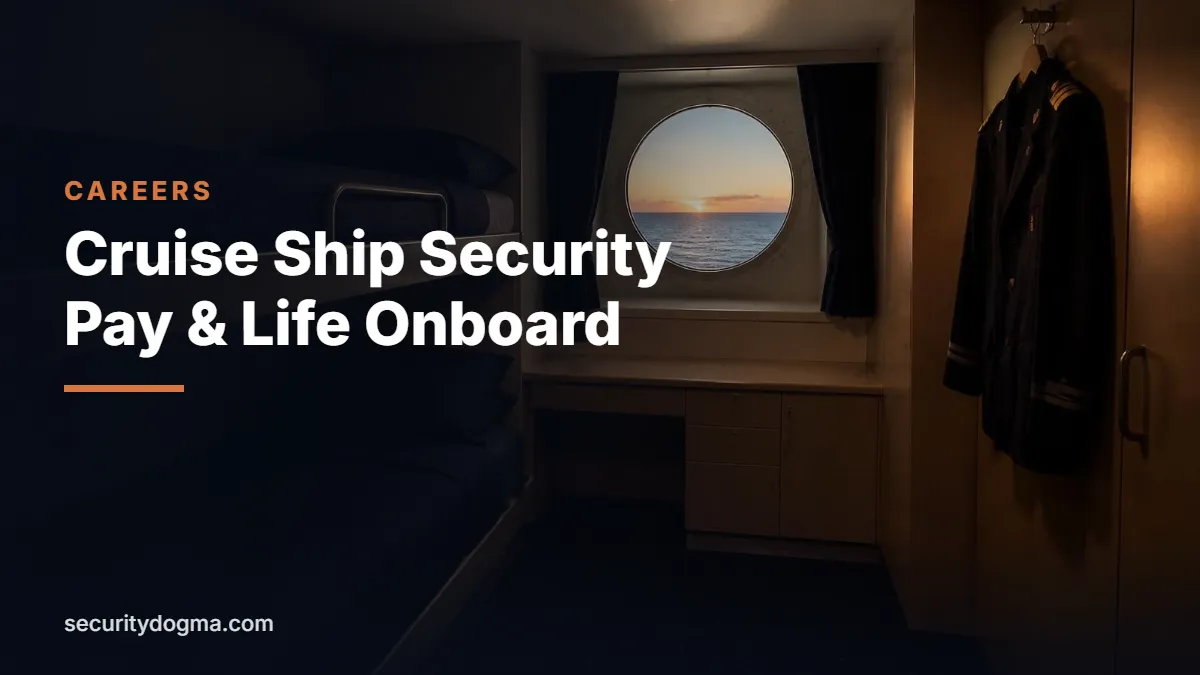 Cruise ship crew cabin with bunk beds, a porthole at sunset and a security uniform on the wardrobe
