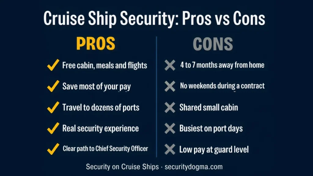 Pros and cons of cruise ship security work: free cabin and travel versus months away, no weekends and shared cabins