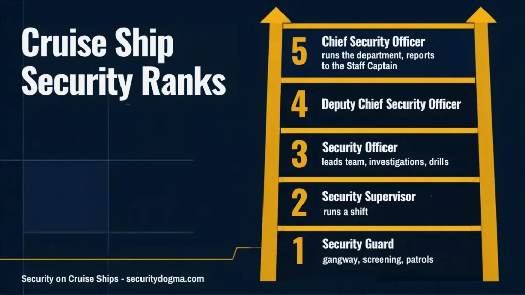 Cruise ship security ranks from security guard to supervisor, security officer, deputy chief and chief security officer