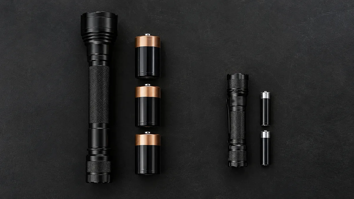 Full-size flashlight with D-cell batteries next to a compact flashlight with lithium batteries