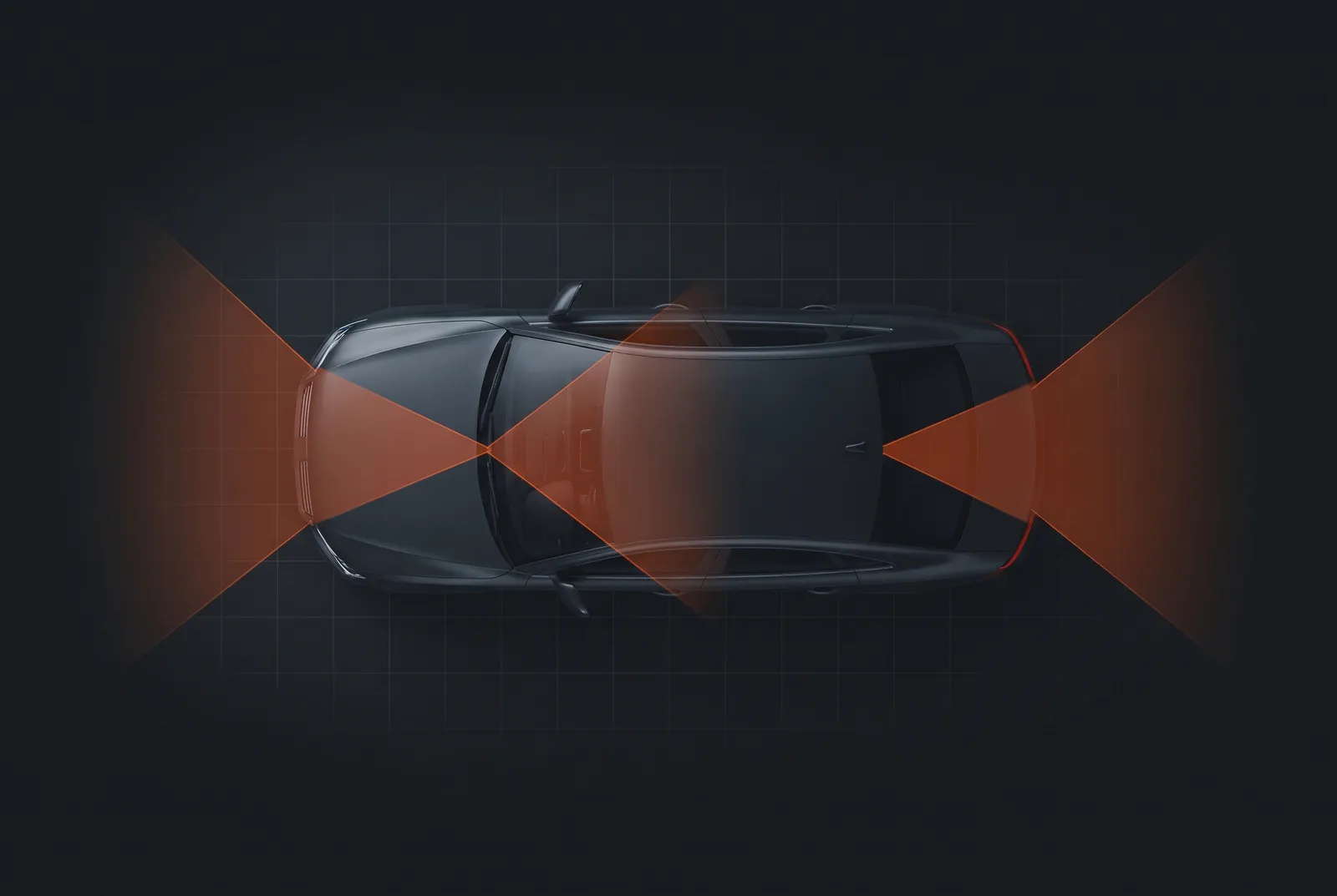 Illustration of a car viewed from above with orange coverage cones for front, rear and cabin cameras