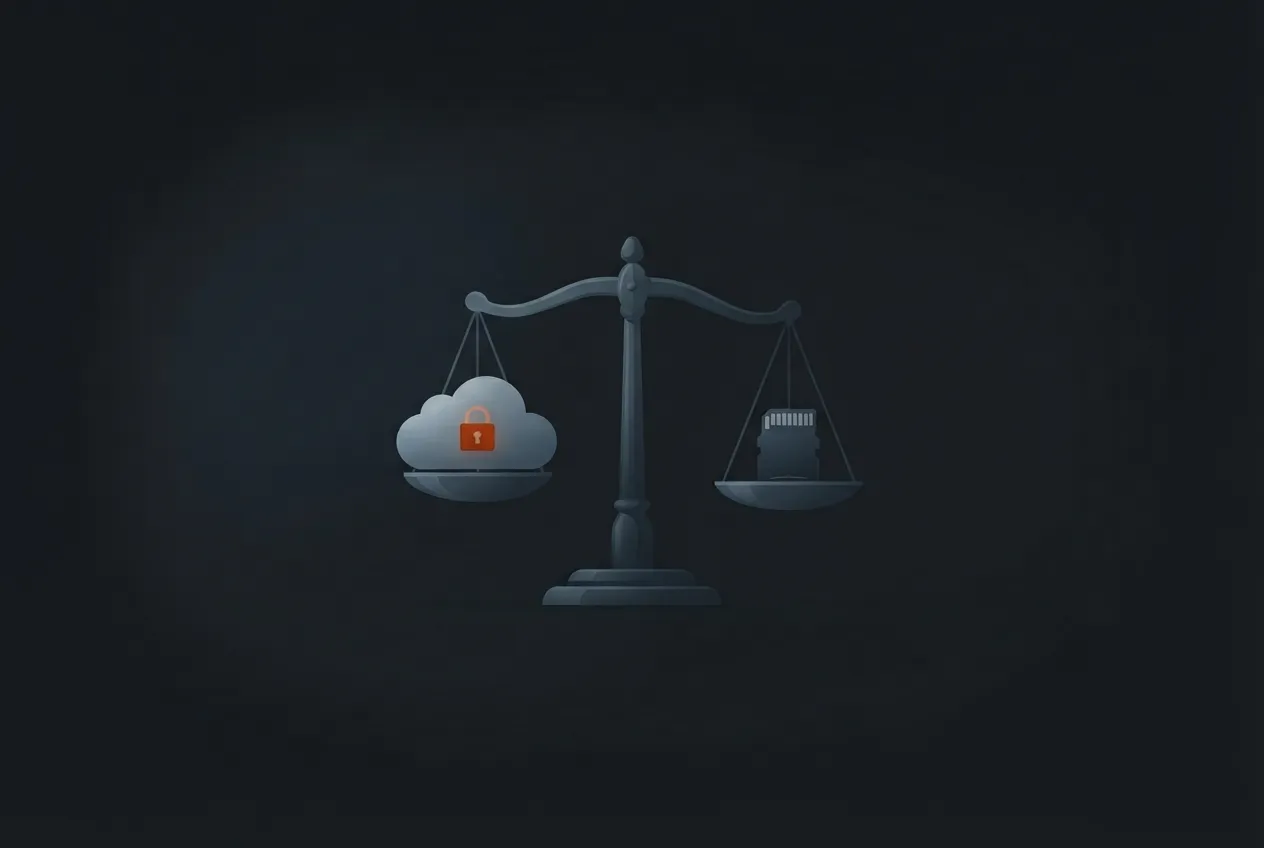 Illustration of a balance scale holding a cloud with a padlock on one side and a microSD card on the other