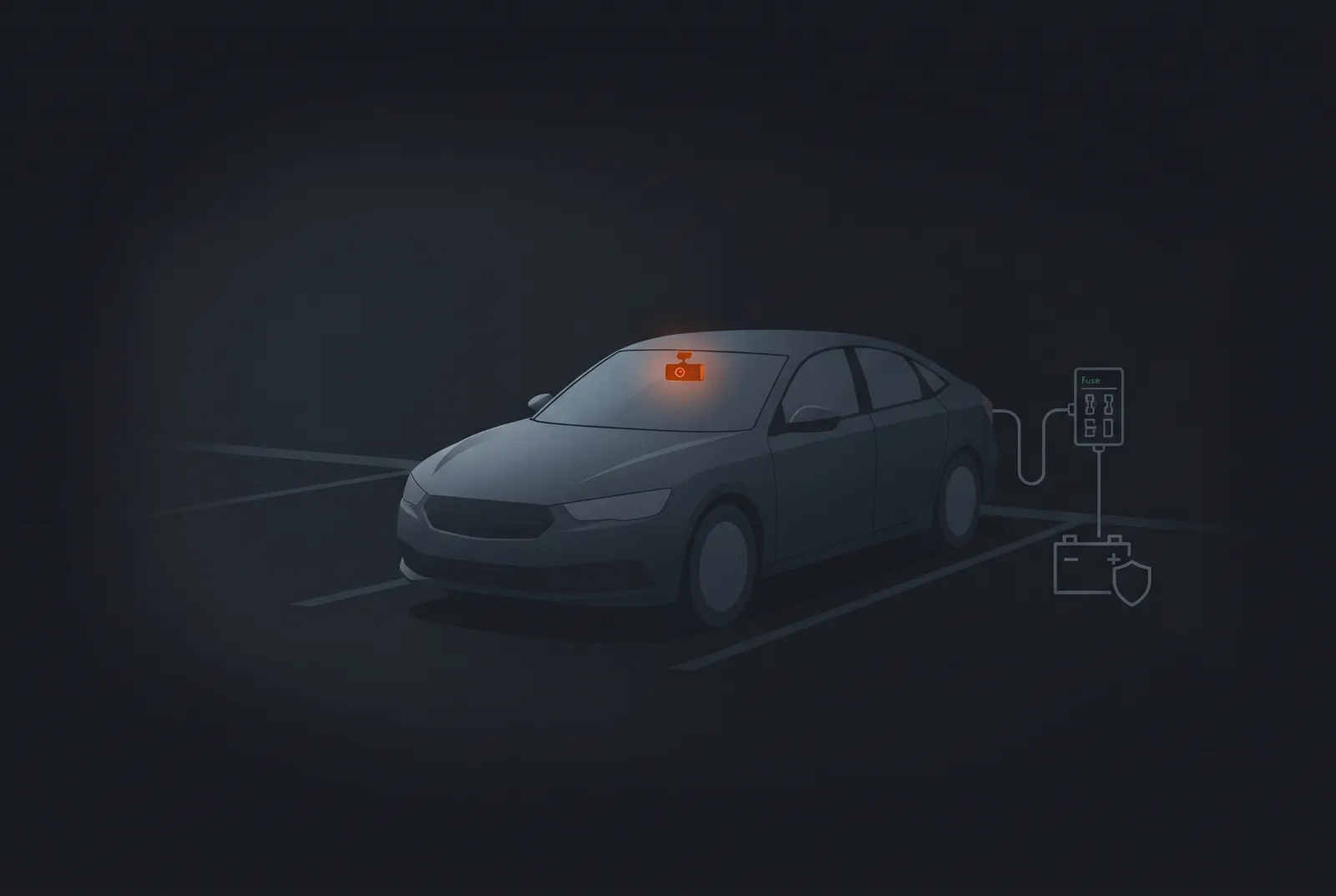 Illustration of a parked car at night with a glowing dash camera, a cable to a fuse box and a battery with a shield symbol