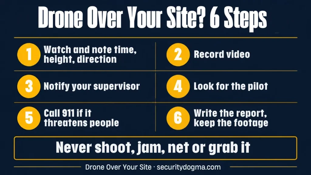 Six steps for security guards when a drone flies over a site: watch, record, notify, find the pilot, call 911 if needed, write the report