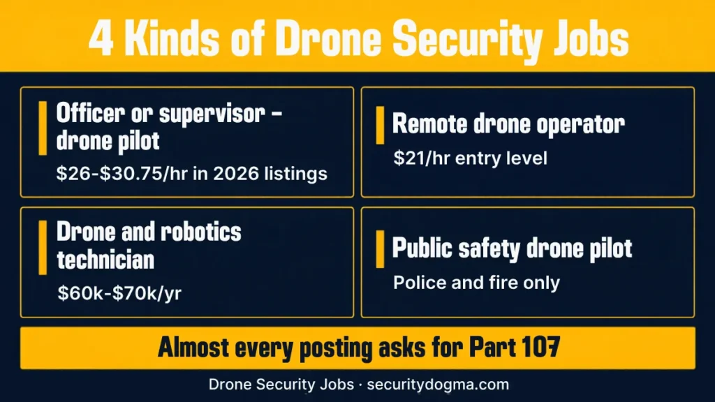 Four kinds of drone security jobs with 2026 pay: officer or supervisor drone pilot, remote drone operator, drone and robotics technician, public safety drone pilot