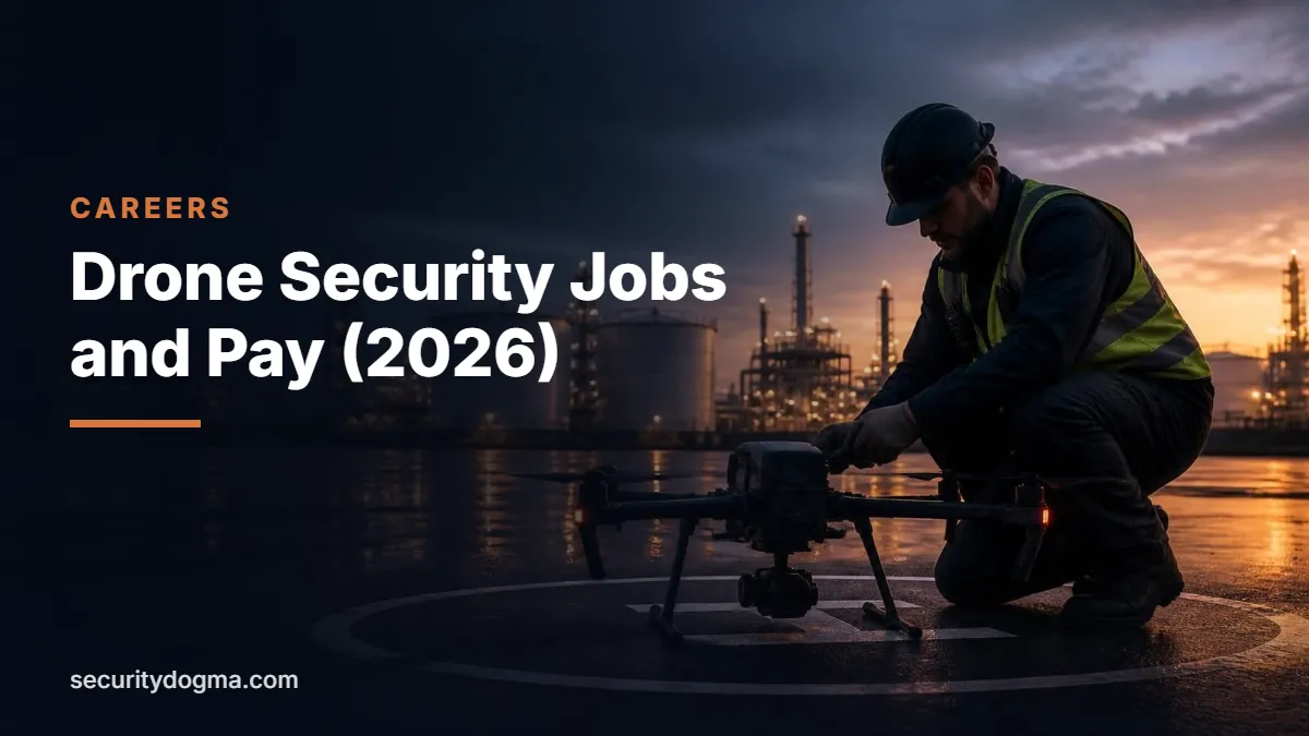 Security supervisor in a hi-vis vest preparing a drone for takeoff at a refinery at dawn