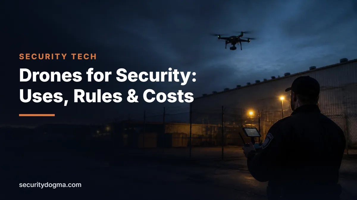 Security officer flying a drone over a fenced industrial yard at dusk