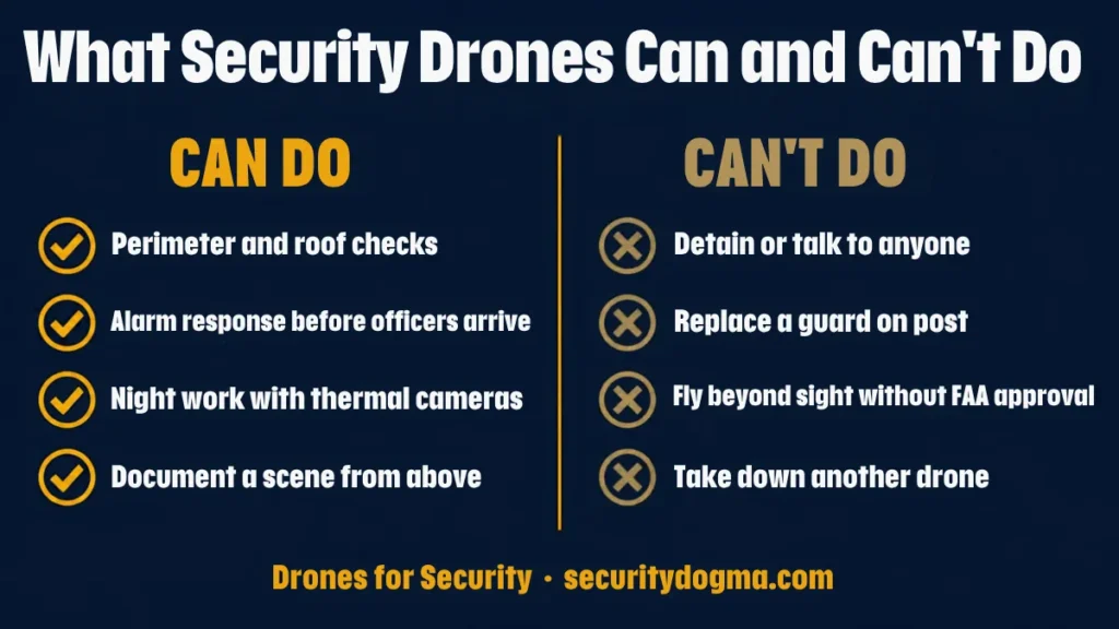 Infographic of what security drones can do, such as perimeter checks and thermal night work, and what they cannot do, such as replace a guard on post