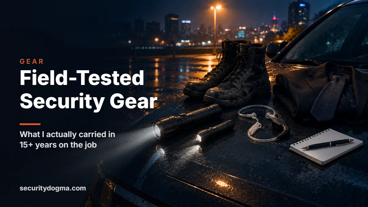 Illustration of security gear on a wet car hood at night: two flashlights, black tactical boots, a clear coiled radio earpiece, a folded suit jacket and tie, and a notepad, with the title Field-Tested Security Gear.