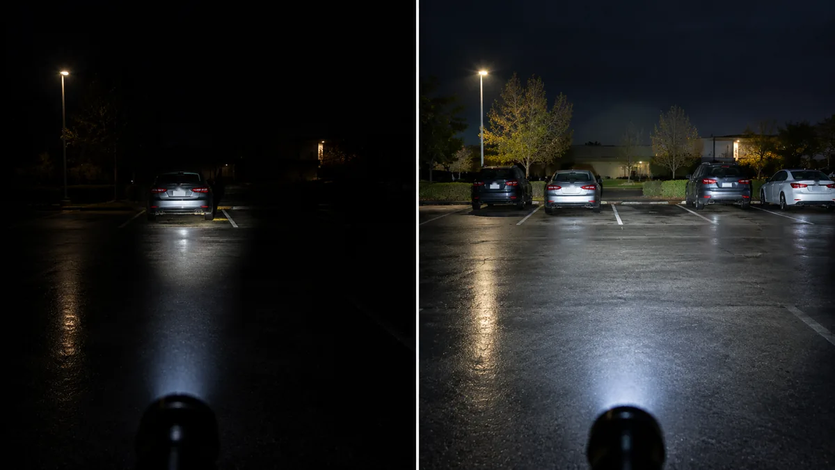 Comparison of a tight spot flashlight beam and a wide flood beam in a dark parking lot