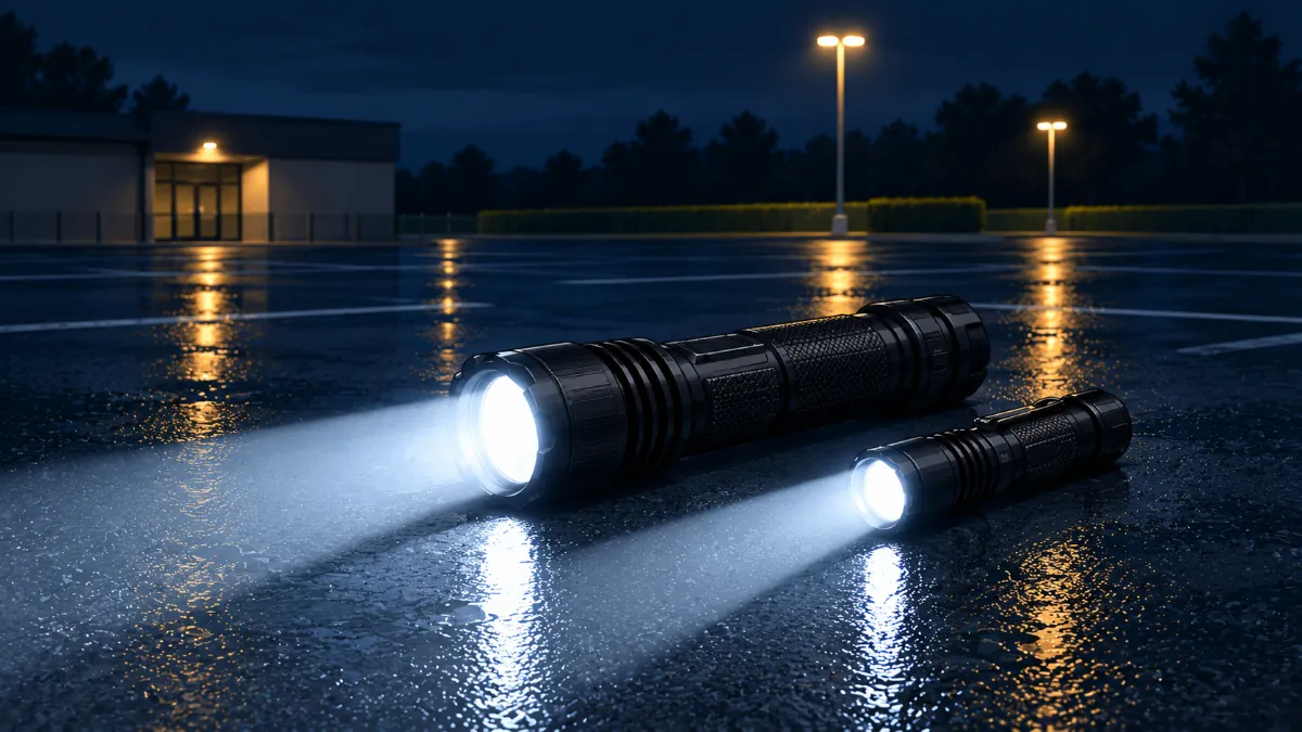 Illustration of a full-size flashlight and a compact flashlight lying on a wet parking lot at night, both shining beams across the pavement.