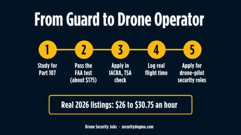 Five steps from security guard to drone operator: study for Part 107, pass the FAA test, apply in IACRA, log flight time, apply for drone-pilot security roles