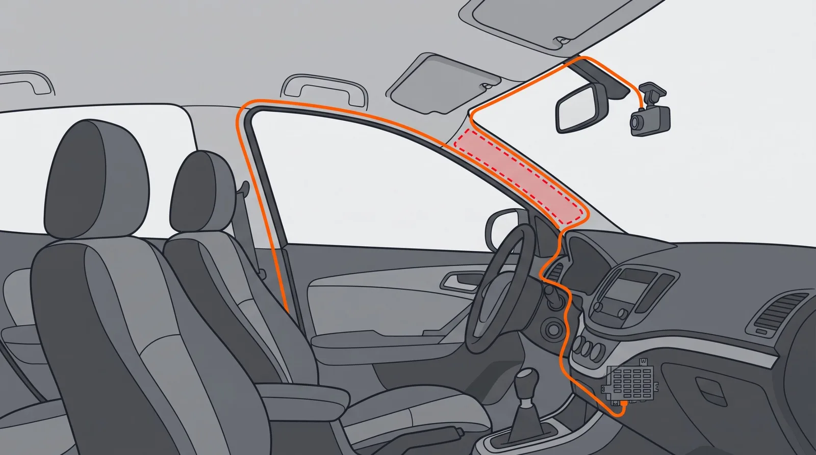 Illustration of a dash cam power cable routed from the fuse box along the A-pillar and headliner, clear of the airbag zone