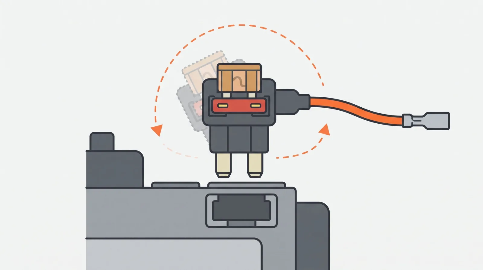 Illustration of a fuse tap being turned 180 degrees before it is plugged into a fuse slot