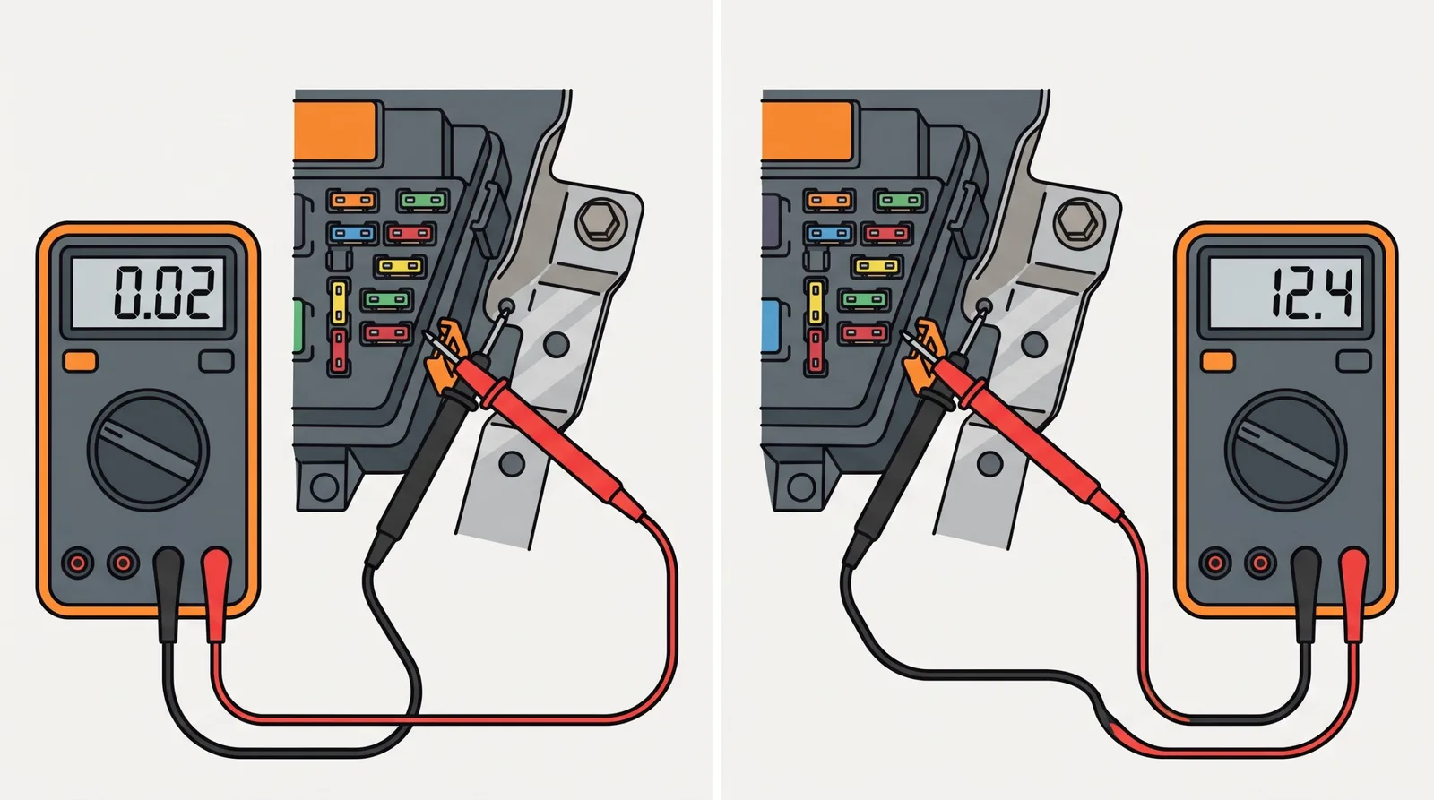 Illustration of a multimeter reading near zero with the ignition off and about 12 volts with the ignition on