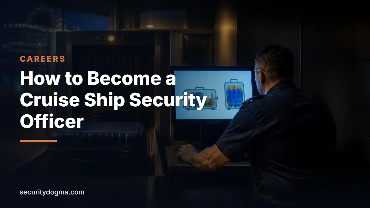 Security officer screening luggage on an X-ray machine at a cruise terminal