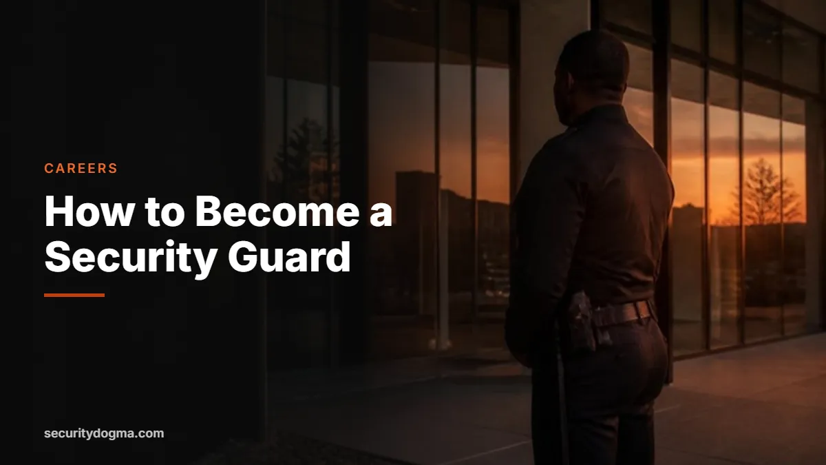 Security officer at an office building entrance at dusk