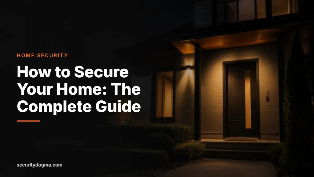 Front of a house at night with a lit front door and security light