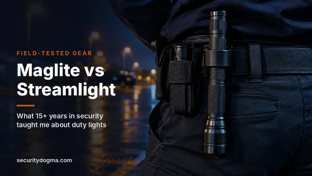 Maglite vs Streamlight: a full-size flashlight in a belt ring and a compact flashlight on a security officer's duty belt at night