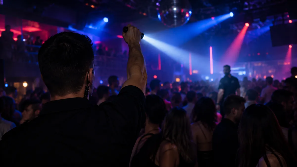 Nightclub security staff member raising a flashlight to signal a colleague across a crowded room