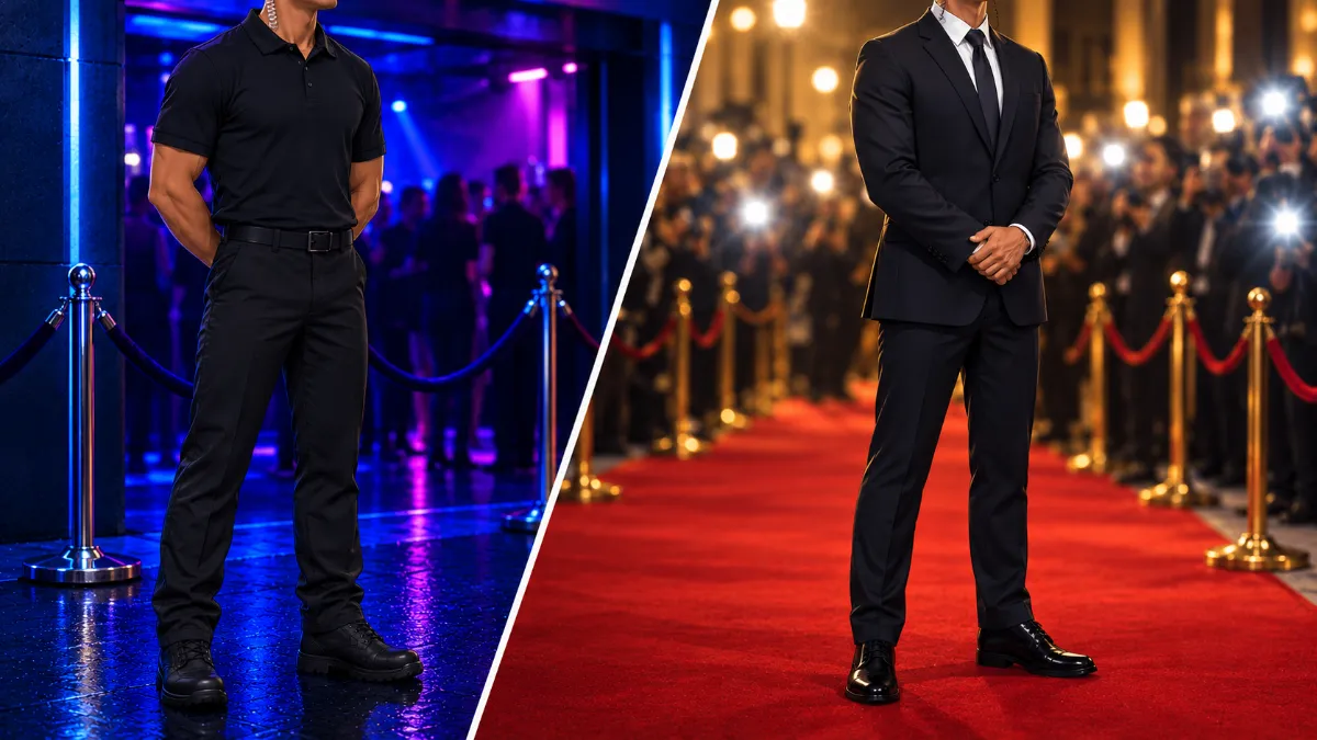 Illustration comparing a nightclub security officer in a black polo, plain work pants and boots at a club entrance with a protection agent in a dark suit and dress shoes on a red carpet.