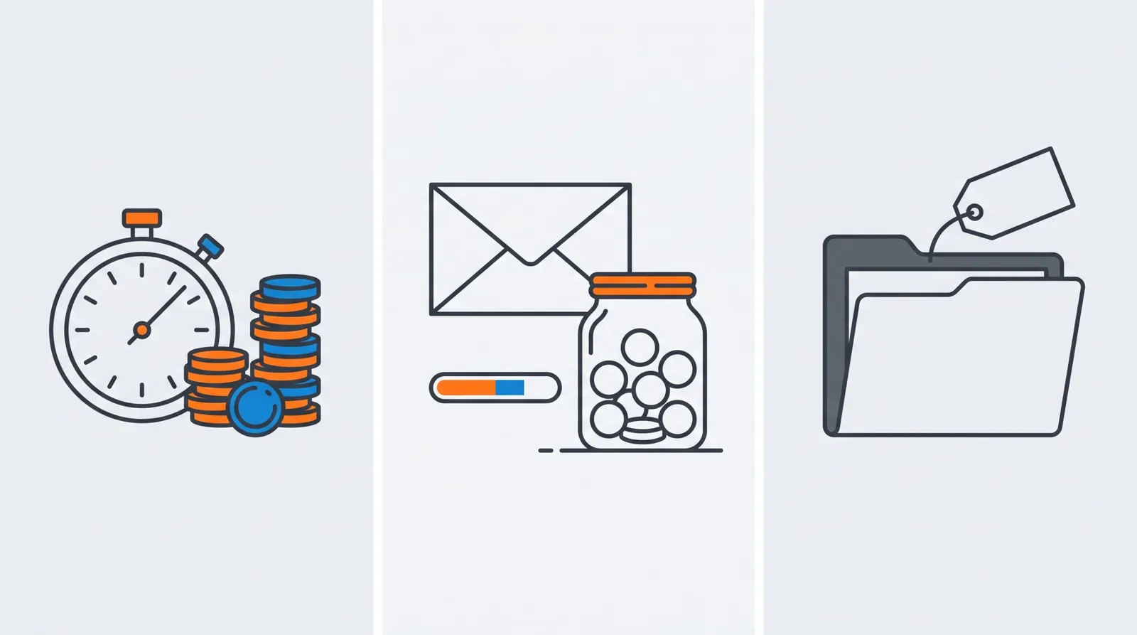 Illustration of three billing models: an hourly stopwatch with coins, a retainer jar with an envelope, and a flat-fee folder with a price tag