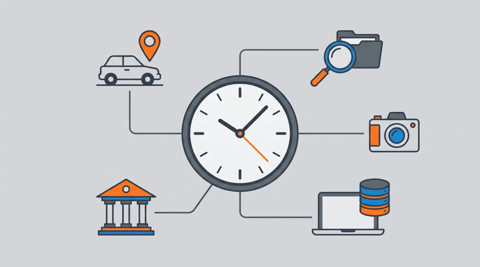 Illustration of a clock connected to icons for a car, fieldwork, a camera, a records search, a database and a courthouse, showing what drives investigator costs
