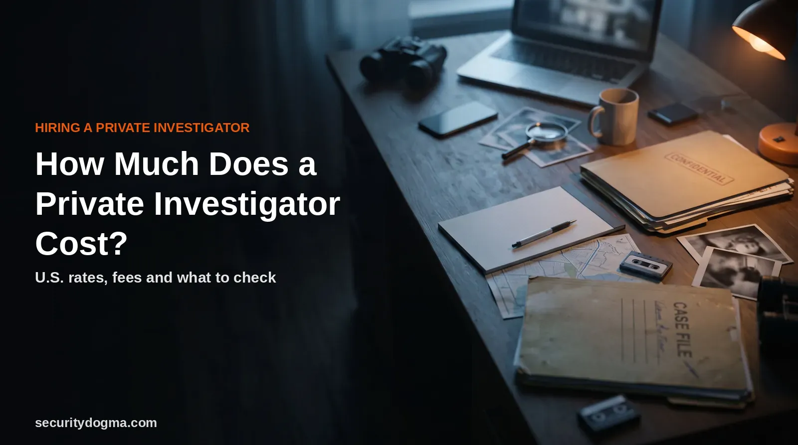 Illustration of a dim desk with case folders, photos, binoculars and a laptop, with the title How Much Does a Private Investigator Cost