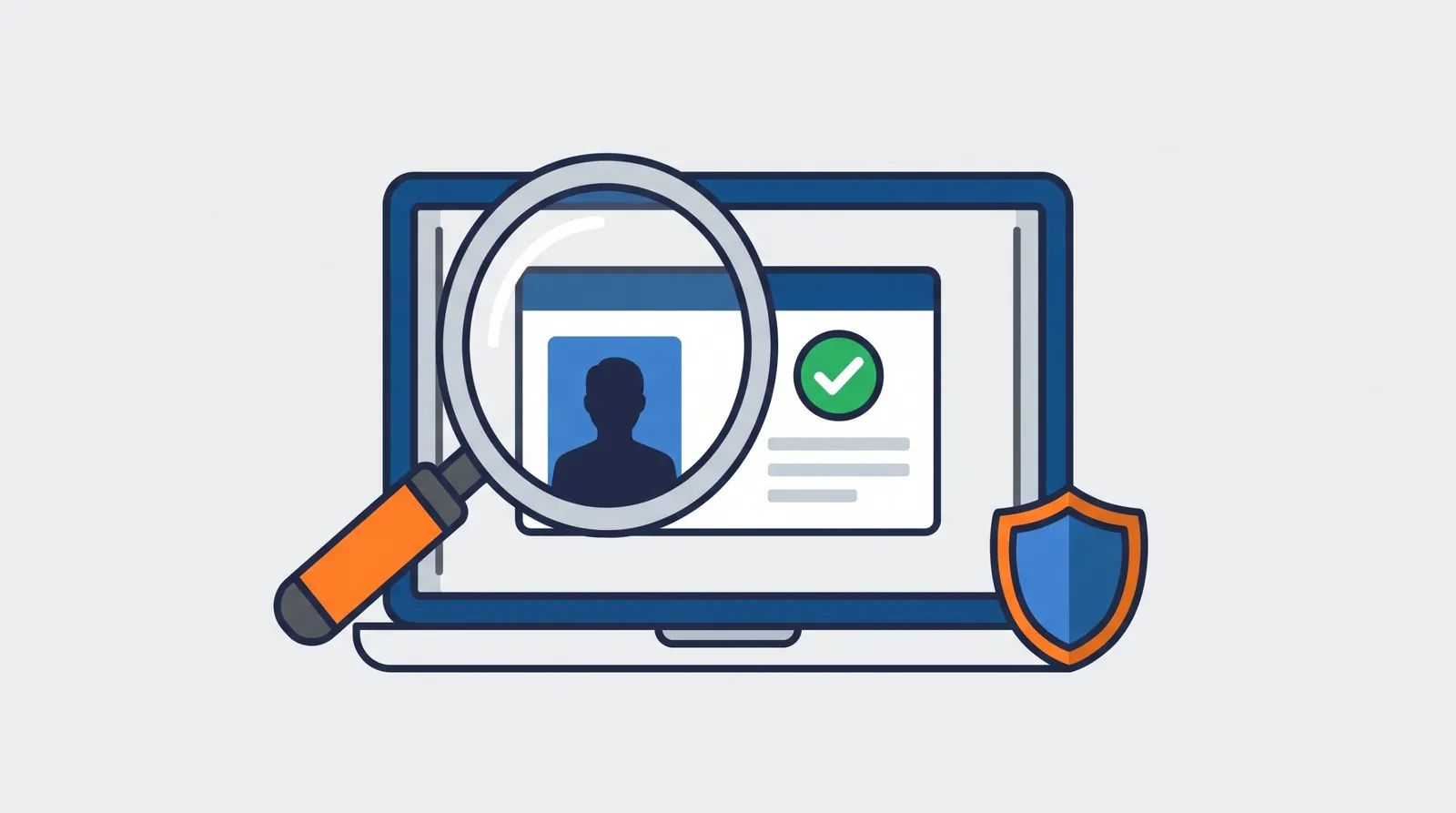 Illustration of a laptop showing an ID card with a green check mark under a magnifying glass and a shield