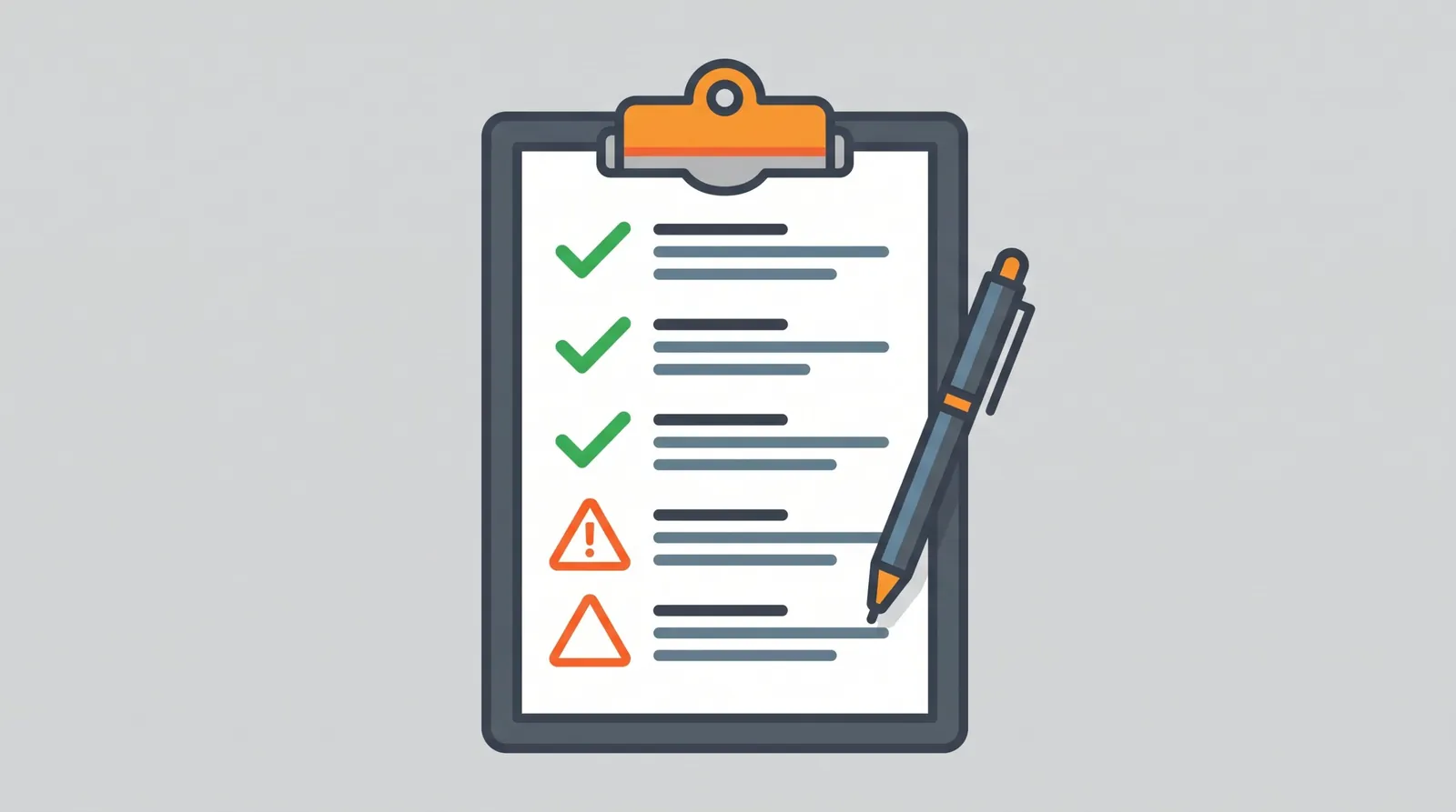 Illustration of a clipboard checklist with three green checks and two orange warning triangles