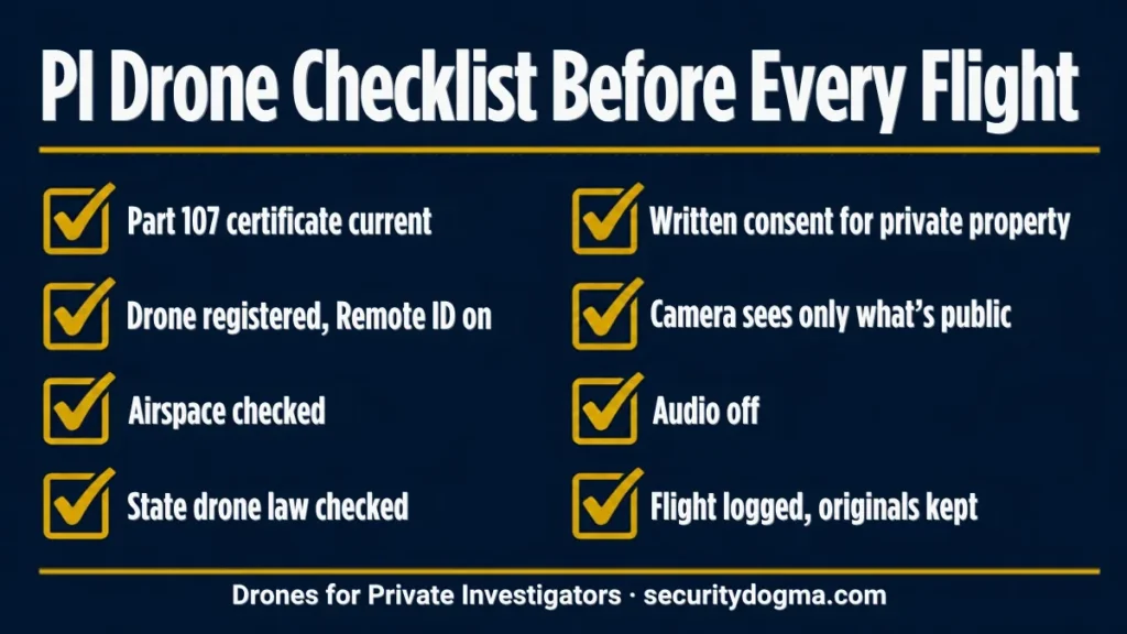 Private investigator drone checklist: Part 107, Remote ID, airspace, state law, written consent, public view only, audio off, flight log