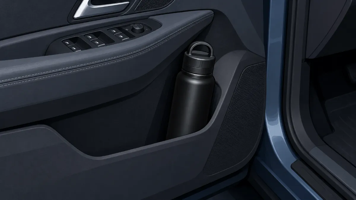 Illustration of a discreet black bottle with a sealed cap in a car door pocket.