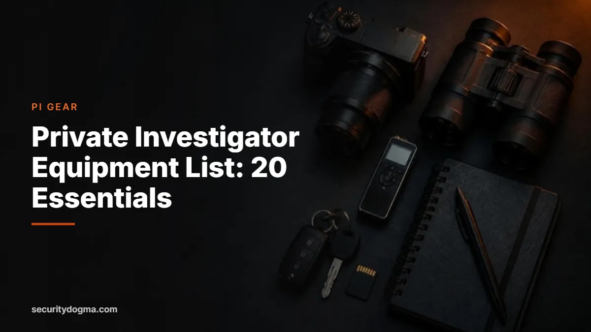 Private investigator surveillance gear: camera, binoculars, voice recorder and notebook