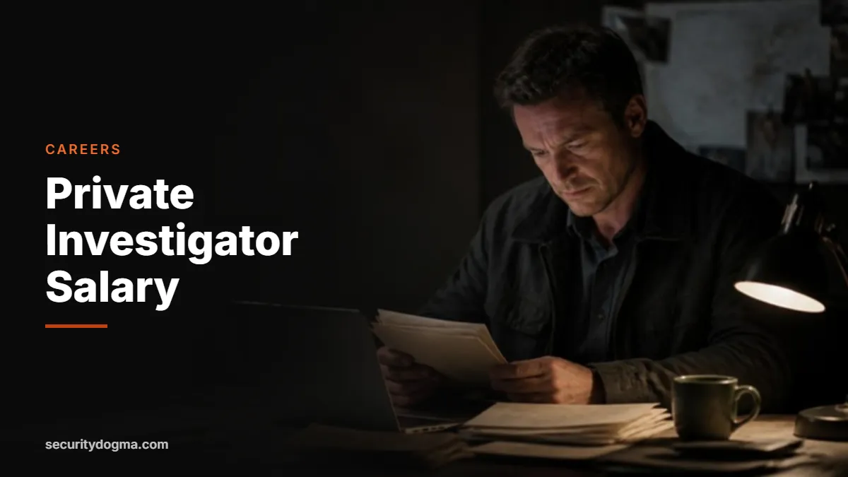 Private investigator reviewing case files at a desk at night