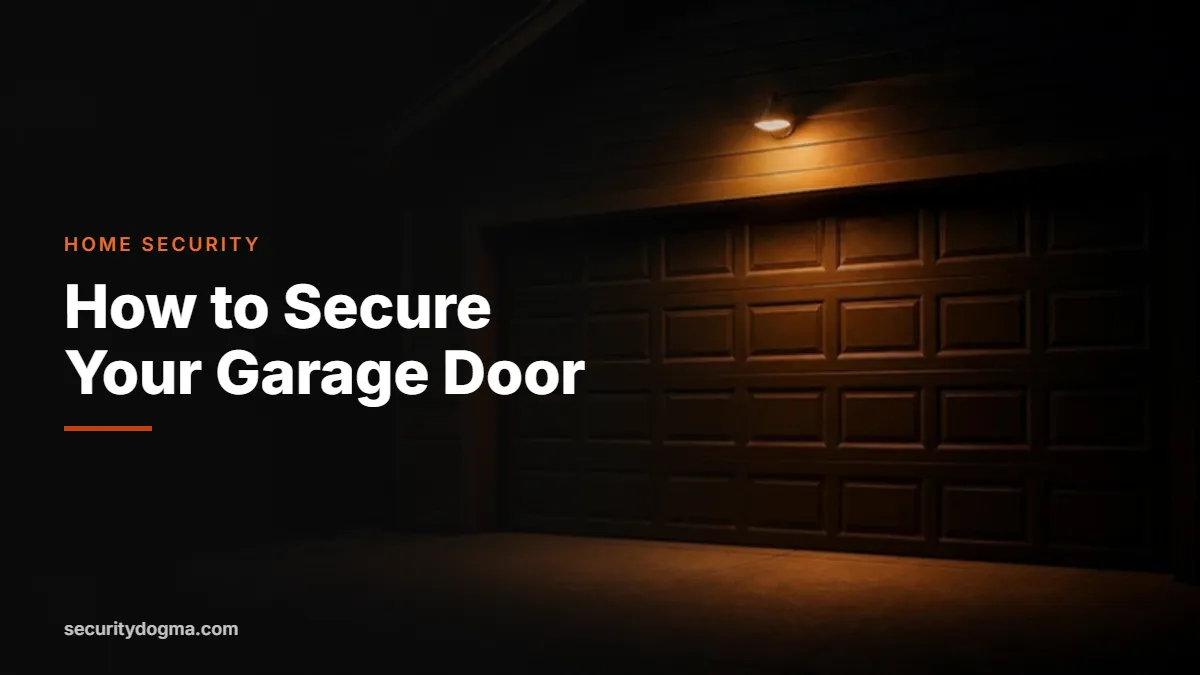 Closed garage door lit by a security light at night