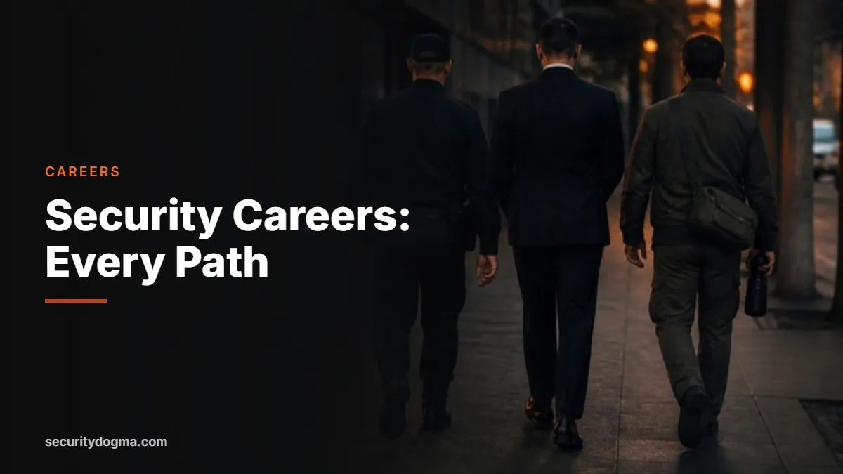 Security officer, protection agent and investigator walking down a city street at dusk