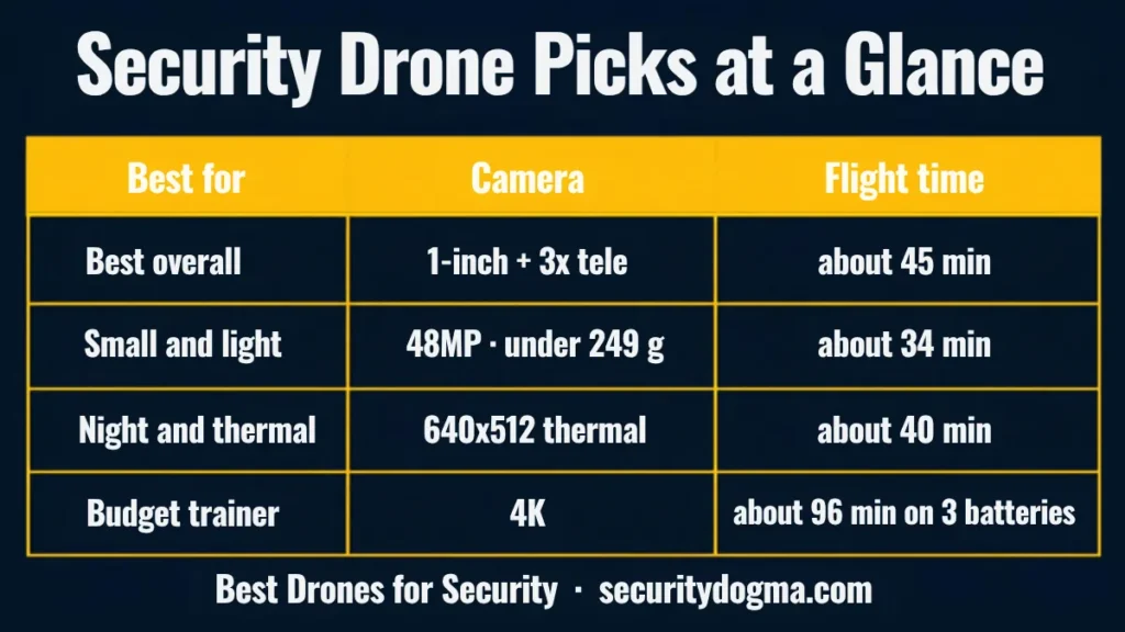 Comparison chart of security drone picks by camera and flight time: best overall, small and light, night and thermal, budget trainer
