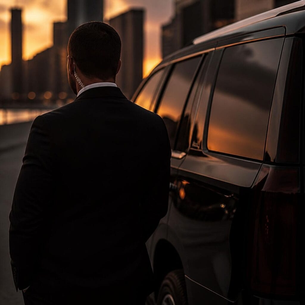Executive protection agent in a dark suit standing beside a black SUV at sunset