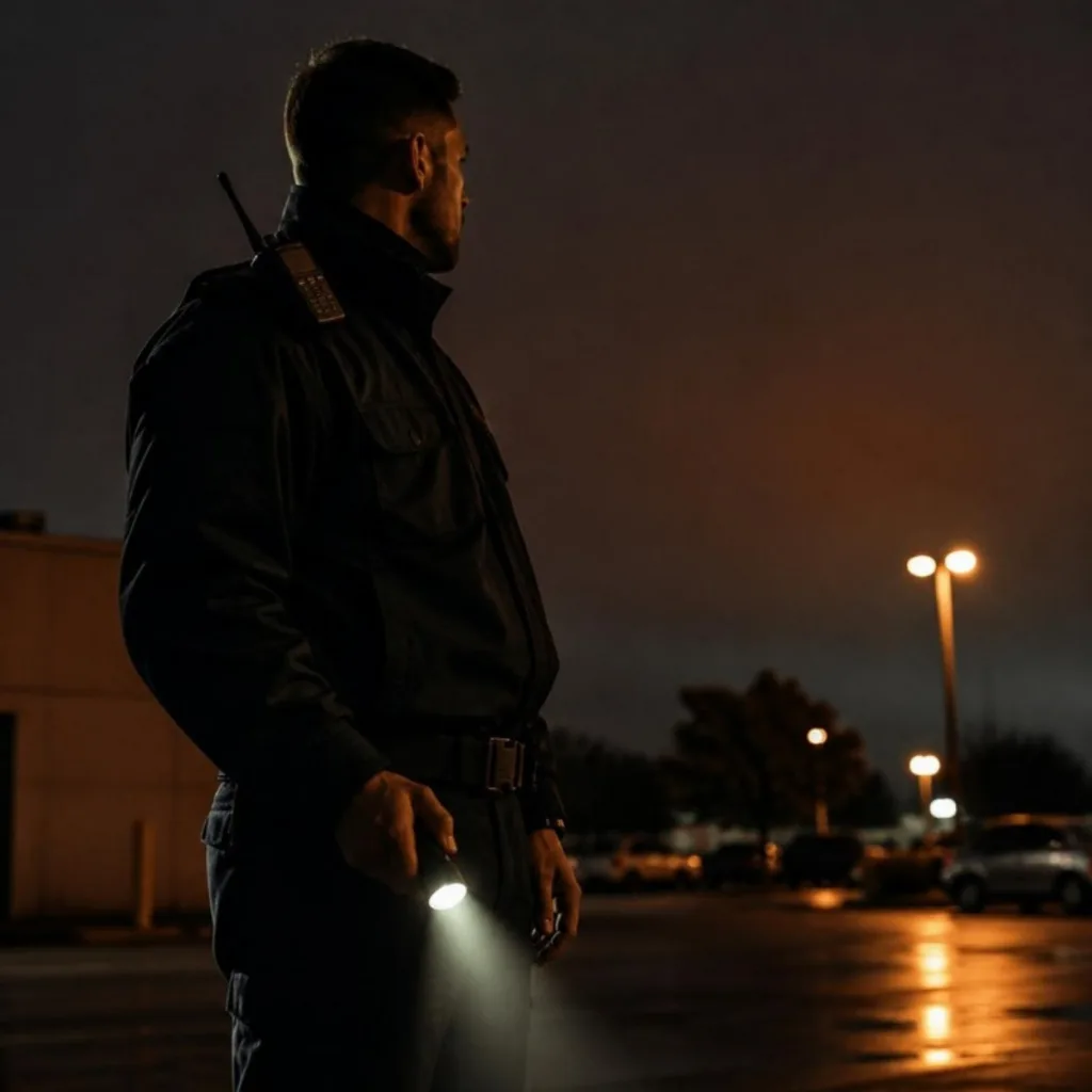 Security guard on night patrol in a parking lot, radio on his shoulder and flashlight in hand