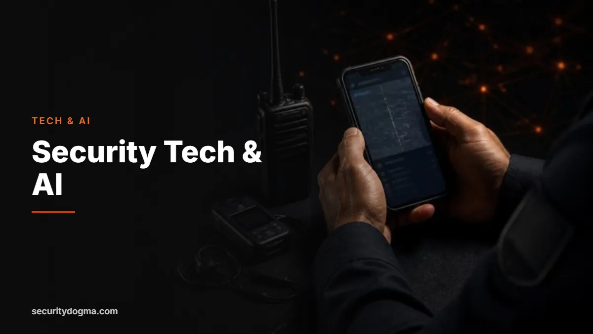 Security officer using a smartphone patrol app with a radio and voice recorder