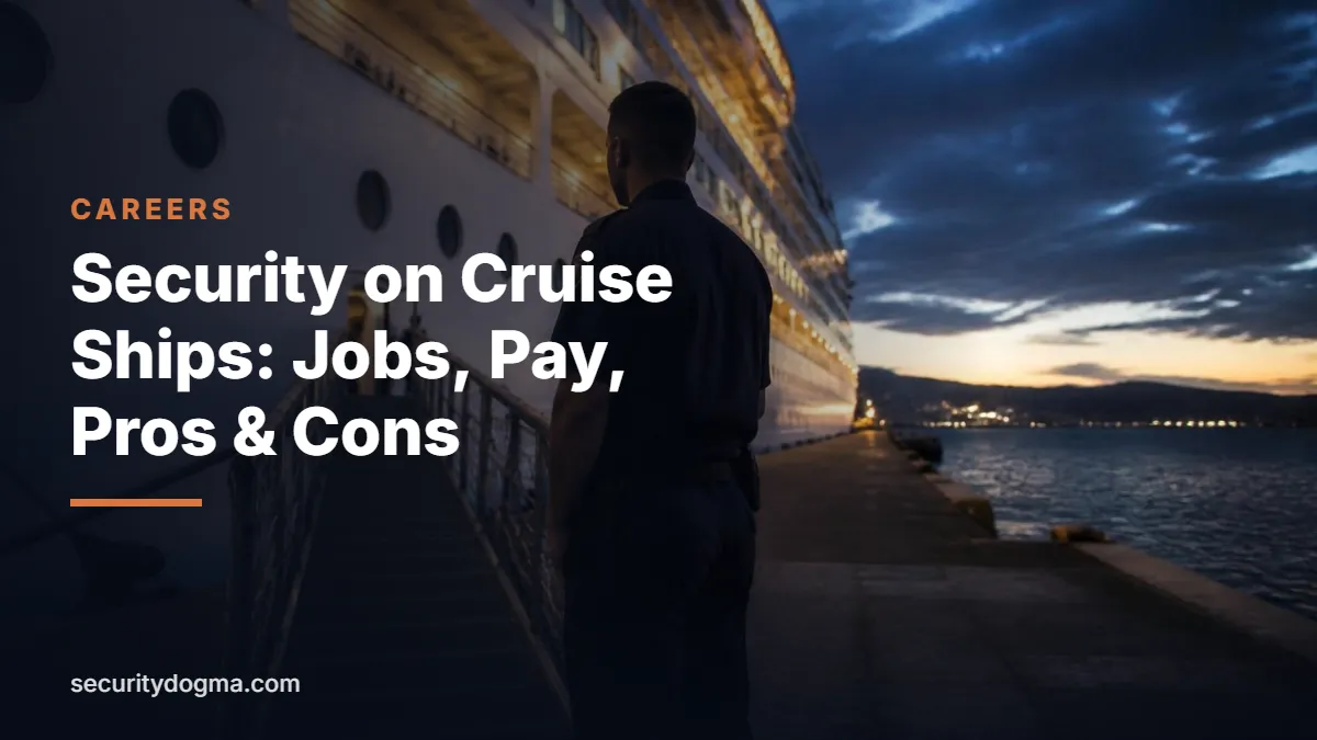 Cruise ship security officer standing at the gangway of a cruise ship in port at dusk